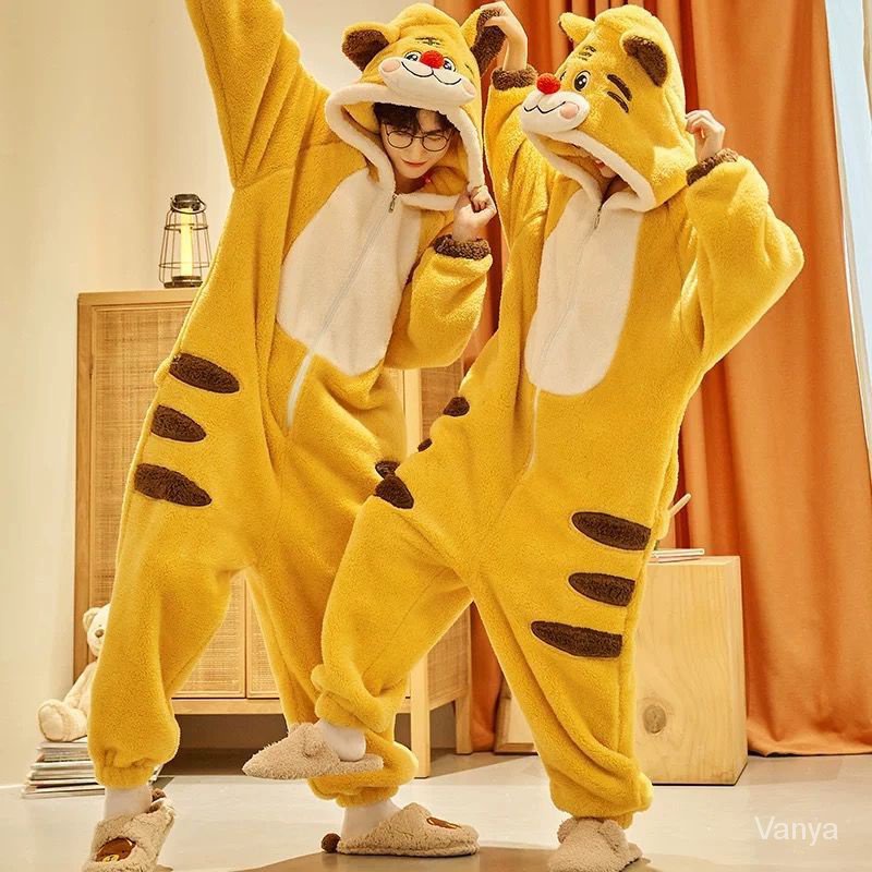 ใหม่ฤดูใบไม้ร่วงและฤดูหนาวคู่เสือชุดนอนชิ้นเดียวชุดบริการที่บ้านขนแกะปะการังการ์ตูนมีฮู้ดหนา