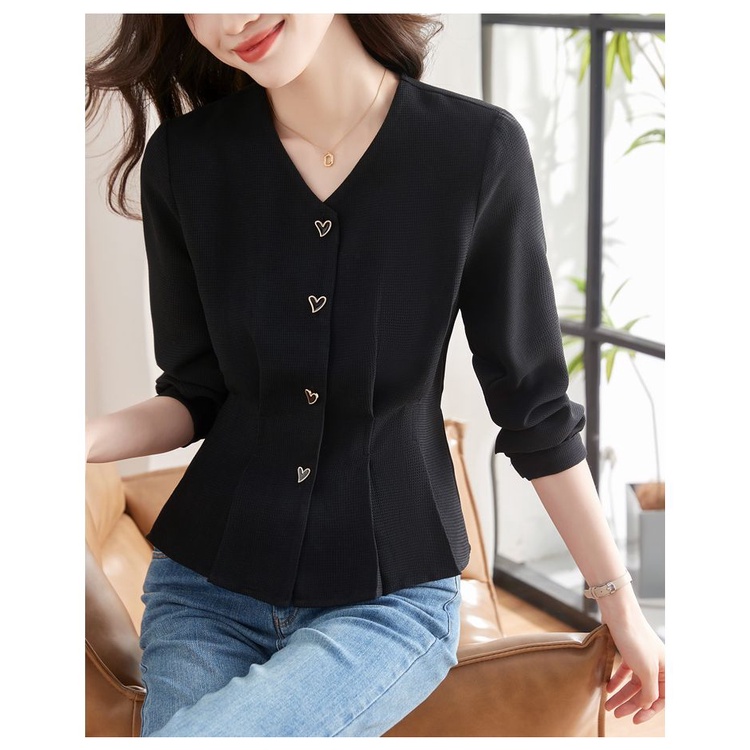 เสื้อเชิ้ตแขนยาว คอวี ขนาดเล็ก น่ารัก คุณภาพสูง สีดํา สําหรับผู้หญิง