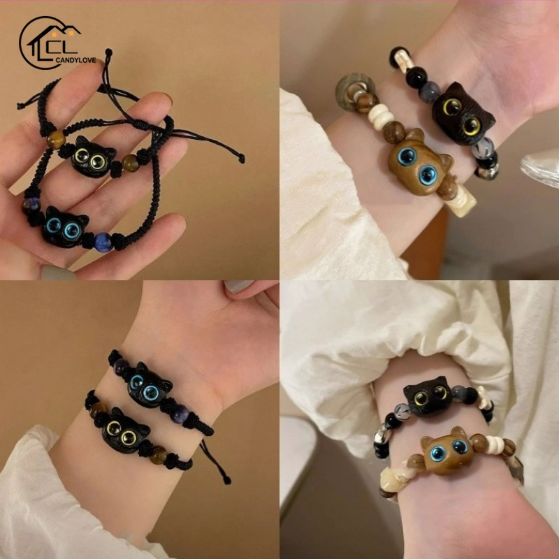 สร้อยข้อมือ จี้รูปแมว และดาว สีดํา แฟชั่นฤดูร้อน สําหรับผู้หญิง และคู่รัก 2024