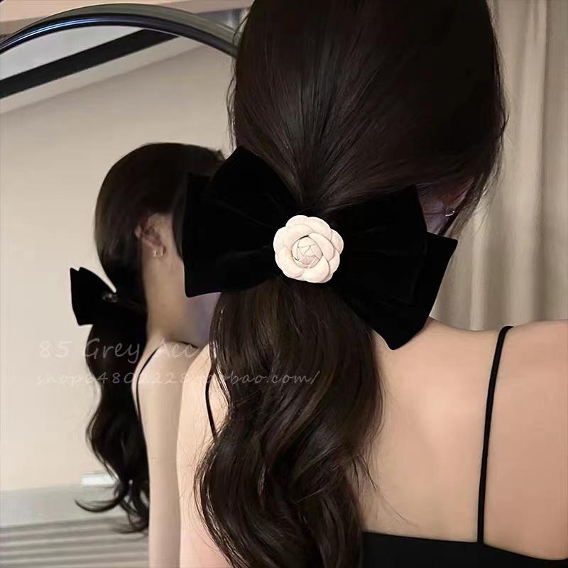 ใหม่ กิ๊บติดผม ผ้ากํามะหยี่ สีดํา สไตล์ฝรั่งเศส วินเทจ คามิเลีย โบ สีดํา เครื่องประดับผม สําหรับเด็กผู้หญิง