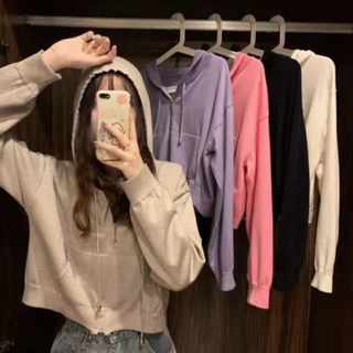 พร้อมส่ง เสื้อครอปมีฮู้ดเเขนยาวสีสันสดใสน่ารักสำหรับผู้หญิง
