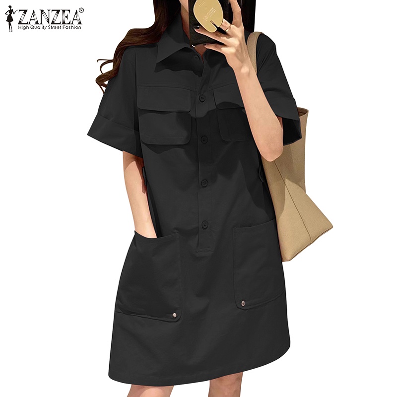 Zanzea เสื้อเชิ้ตแขนห้าส่วน มีกระเป๋า สีพื้น สไตล์เกาหลี สําหรับผู้หญิง