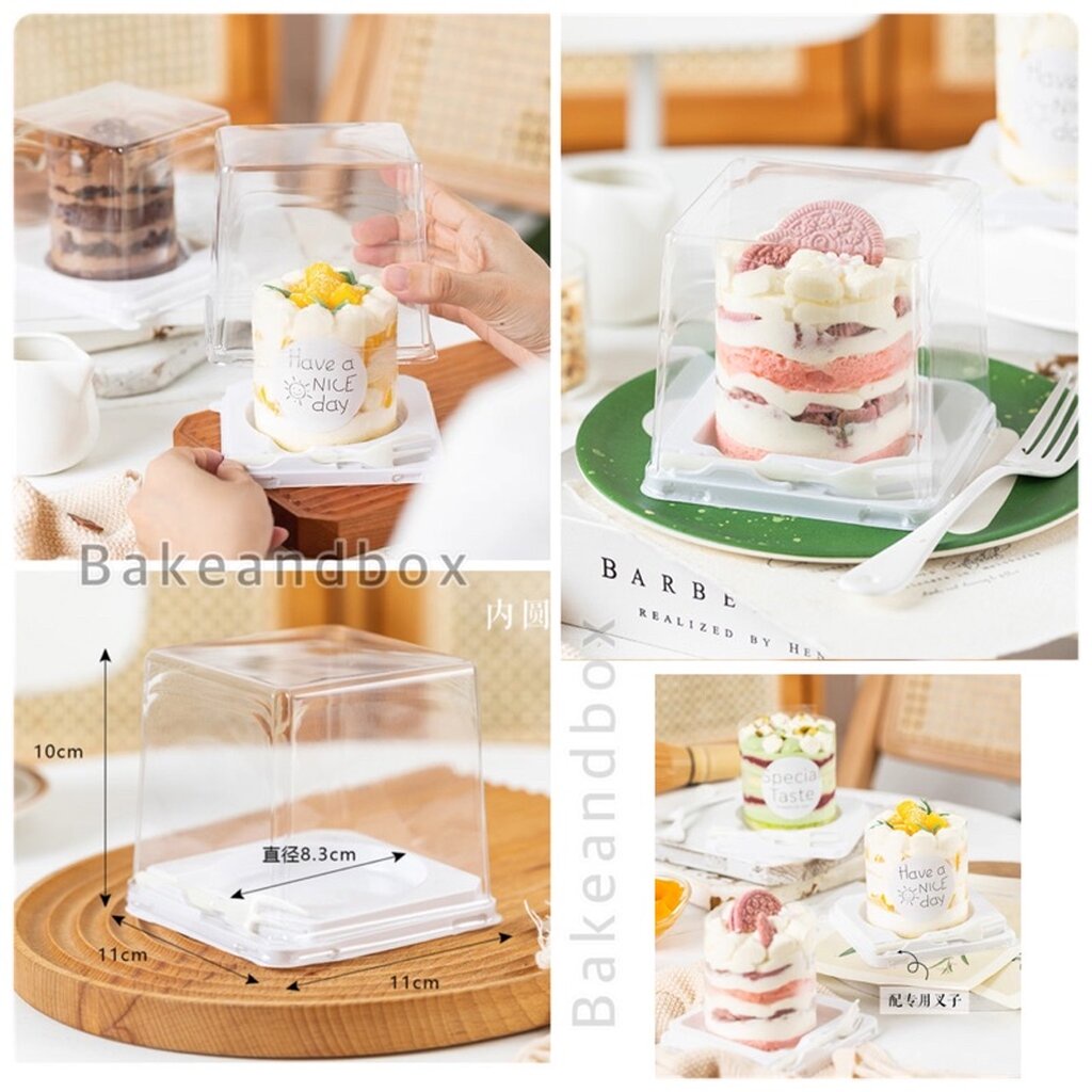 H013/XY903 กล่องขนมฐานขาว/กล่องเค้กชิ้นทรงสูง (หลุมกลม H013) (หลุมเหลี่ยม XY903) ฝาสูง แพค 25 ชุด พร้อมส้อมสีดำ