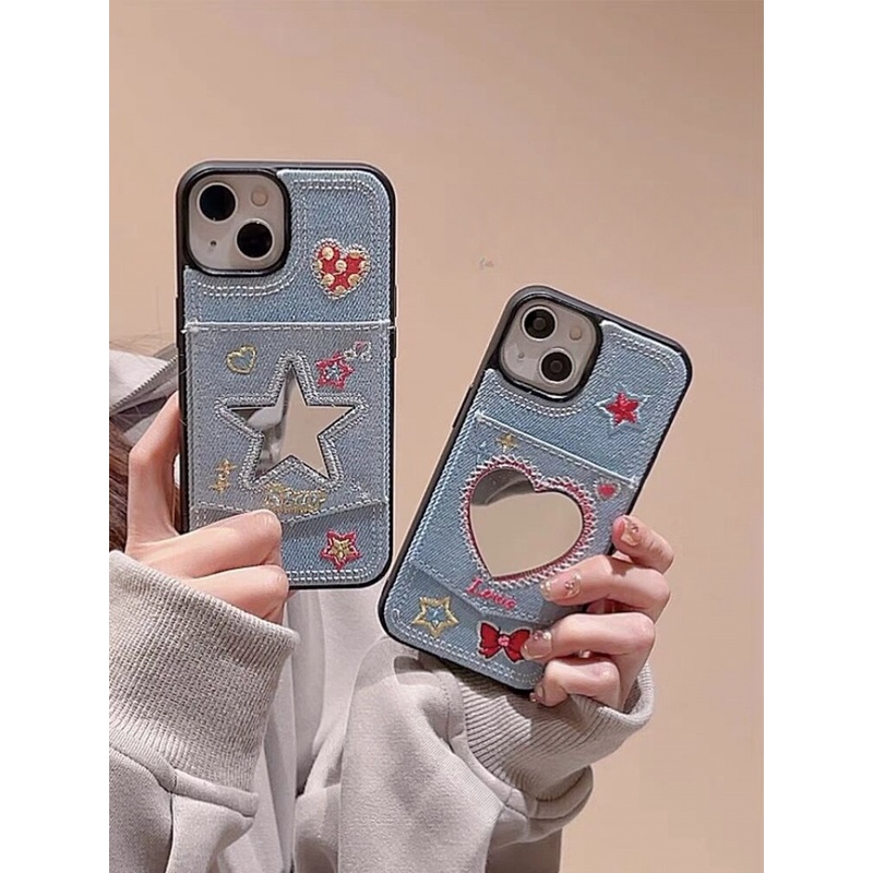 เคสโทรศัพท์มือถือ ผ้ายีน ปักลายดาว พร้อมกระเป๋าใส่บัตร สําหรับ iPhone 11 12 13 14 15 12pro 13pro 14pro 15pro 12promax 13promax 14promax 15promax 14promax
