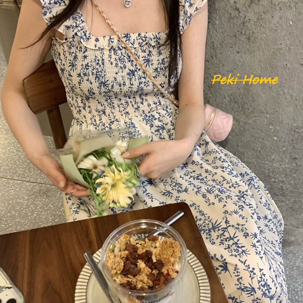 เดรสยาวเเขนกุดฤดูร้อน กระโปรงยาว ลายดอกไม้ สไตล์เกาหลี