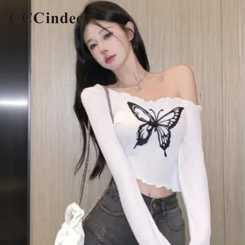 Cccindee เสื้อครอปท็อป แขนยาว ทรงไม่สมมาตร เซ็กซี่ แฟชั่นใหม่ สําหรับผู้หญิง 2023