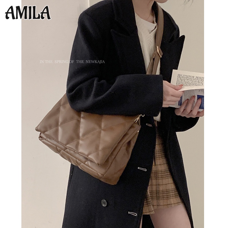 Amila กระเป๋าสะพายไหล่ ทรงสี่เหลี่ยมคางหมู สไตล์เกาหลี เรียบง่าย อินเทรนด์ อเนกประสงค์ ความจุสูง
