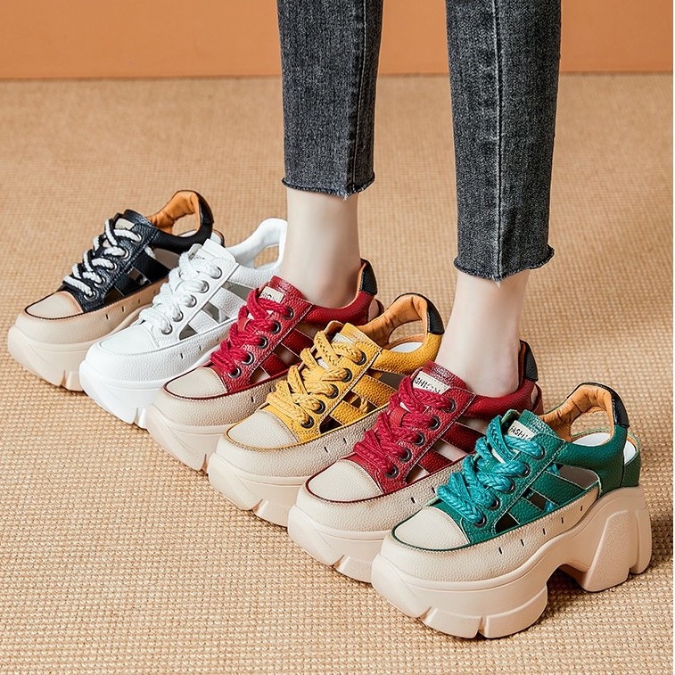 รองเท้าส้นตึก สูง9cm size 35-40 ผูกเชือก💕รองเท้าแตะแฟชั่นสตรี เบา เพิ่มความสูง นุ่ม ใส่สบาย