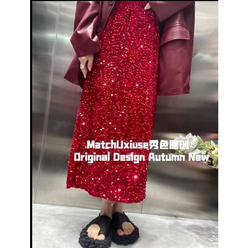 SALES กระโปรงปักเลื่อม Sequin Velvet Skirt ผ้ามีความยืดหยุ่น​ใส่เข้ารูป​ตามตัว​ ดีไซน์​ผ่าด้านหลัง มีซับใน พร้อมส่ง