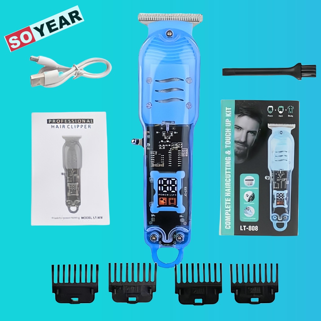 เครื่องโกนหนวดผู้ชายแบบใสเครื่องโกนหนวดไฟฟ้าจอ LCD ชาร์จไฟได้เครื่องเล็มผมเคราแบบมืออาชีพ Hair clipper ชนิด USB แบบไร้สา
