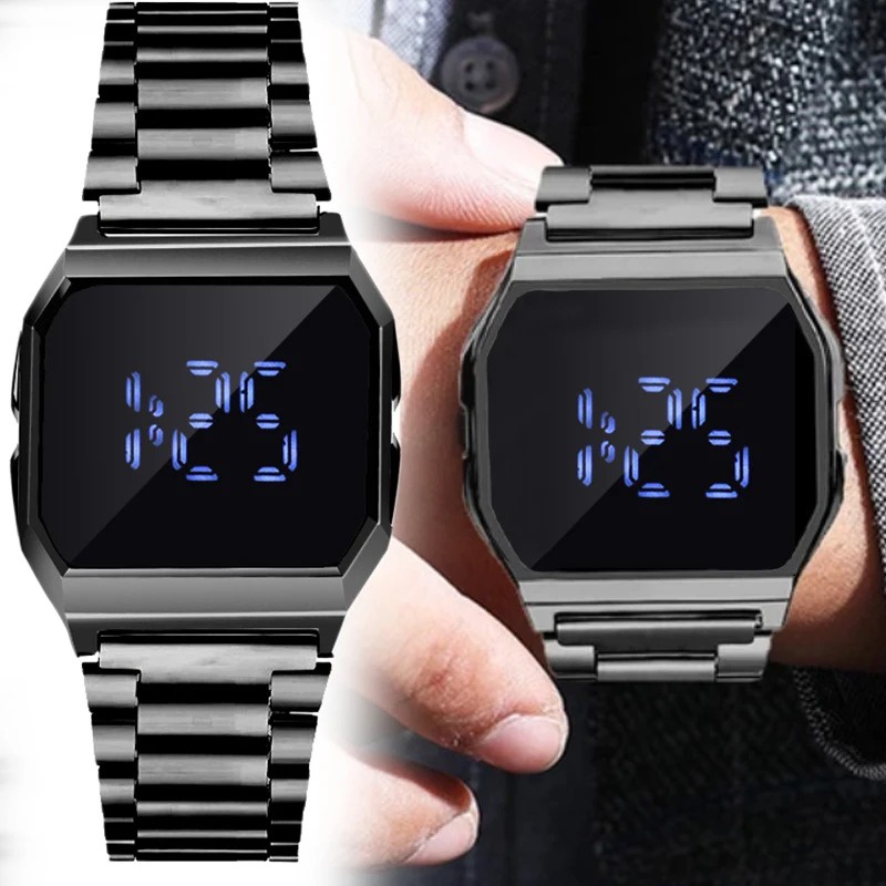 นาฬิกาข้อมือดิจิทัล LED อิเล็กทรอนิกส์ สายสแตนเลส อเนกประสงค์ สไตล์นักธุรกิจ หรูหรา สําหรับผู้ชาย