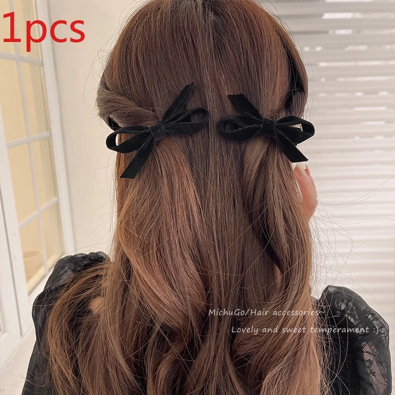 กิ๊บติดผม ผ้ากำมะหยี่ ประดับโบว์ สีดำ สไตล์เรโทรคลาสสิก