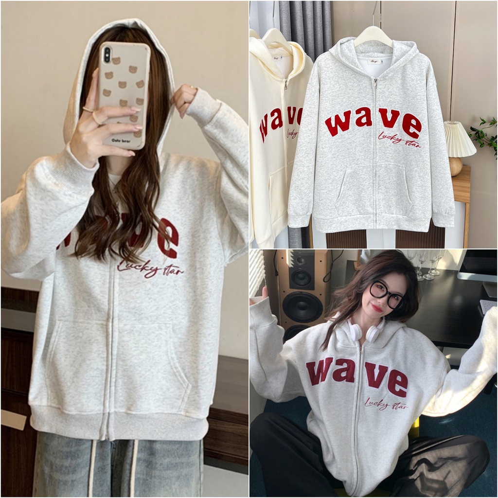 suysuy พร้อมส่ง เสื้อ ฮู้ดแขนยาว oversize ลายปัก ตัวอักษร สีเทา กันหนาว แฟชั่น ผู้หญิง