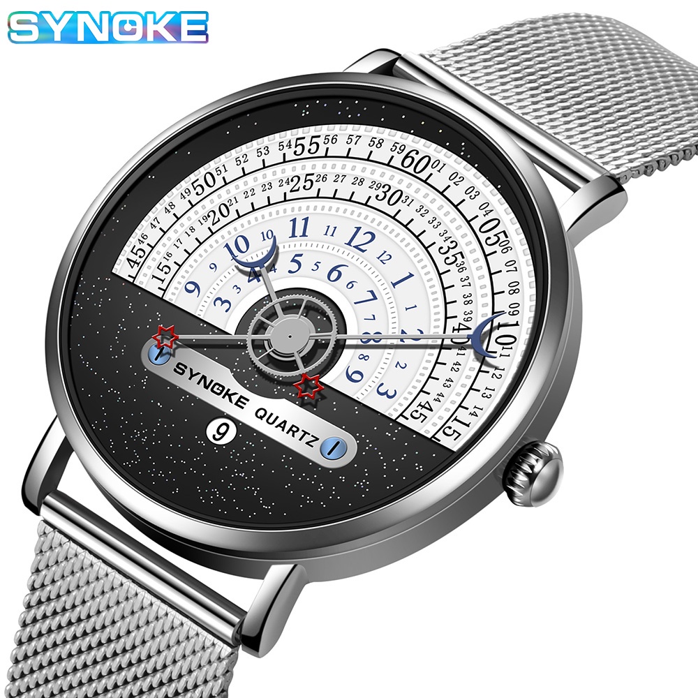 Synoke Brand นาฬิกาข้อมือ หน้าปัด สร้างสรรค์ สําหรับผู้ชาย สายสแตนเลส สีเงิน กันน้ํา พร้อมปฏิทิน อ่านง่าย