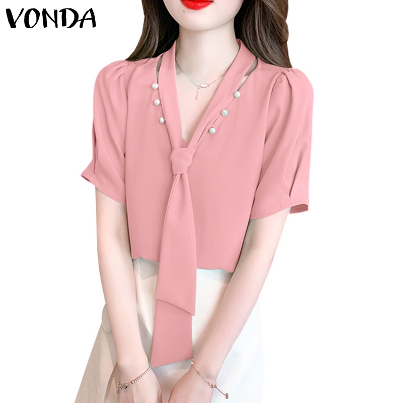 เสื้อเชิ้ตแขนพัฟลําลอง คอวี สีพื้น สไตล์เกาหลี สําหรับผู้หญิง