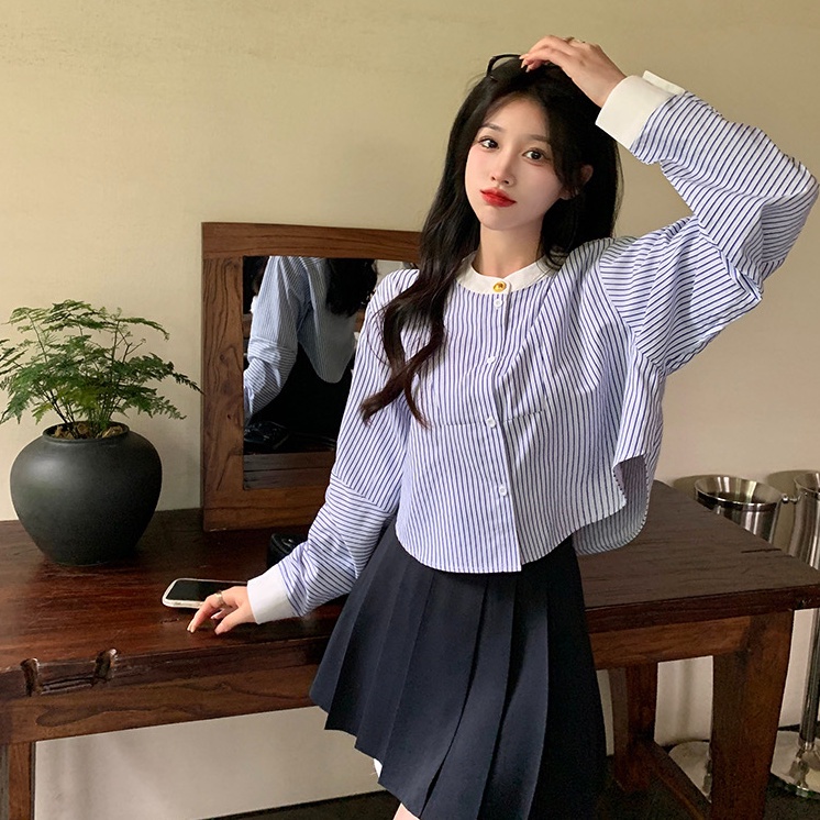 เสื้อเชิ้ตผู้หญิง ลายท เสื้อท็อปแขนยาวลําลอง สไตล์เกาหลี
