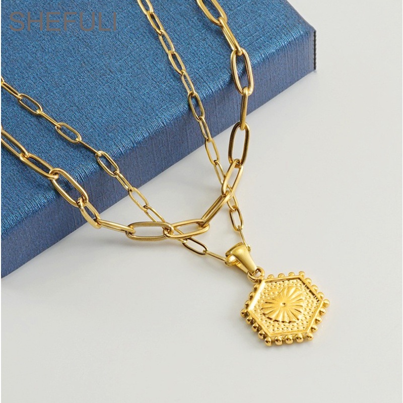 SHEFULI ไทเทเนียมเหล็ก 18K Gold Double Layer Clip Letter สร้อยคอ ZY80