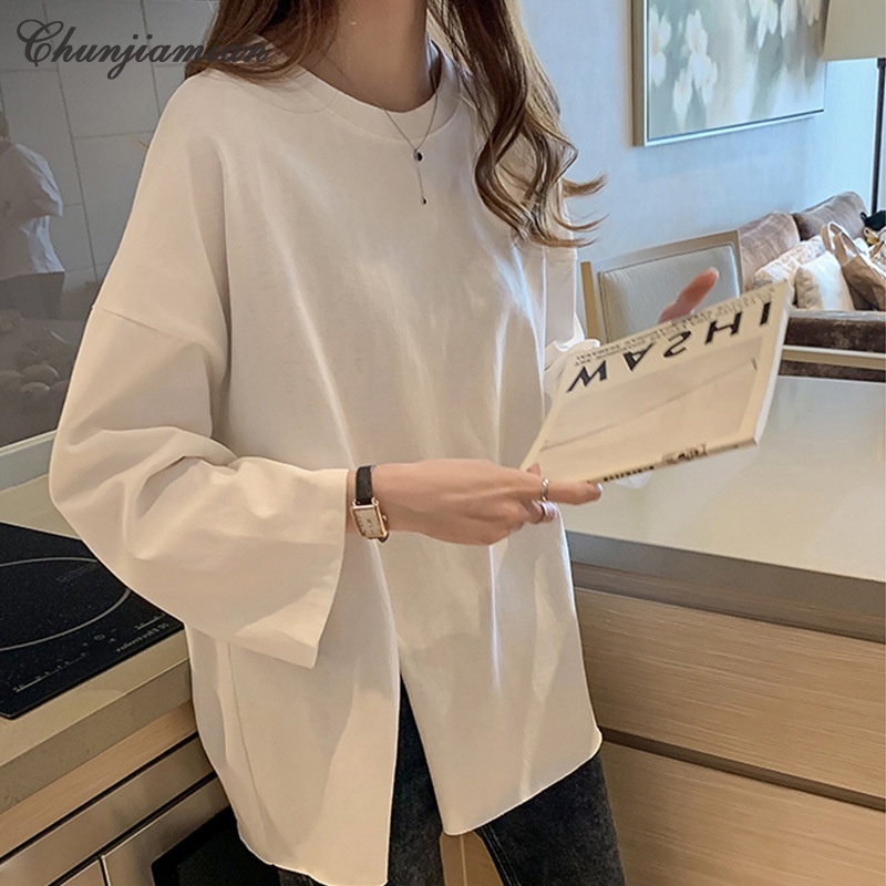 Chunjiamian เสื้อยืดแขนยาว ทรงหลวม สไตล์เกาหลี แฟชั่นฤดูใบไม้ผลิ และฤดูใบไม้ร่วง สําหรับผู้หญิง