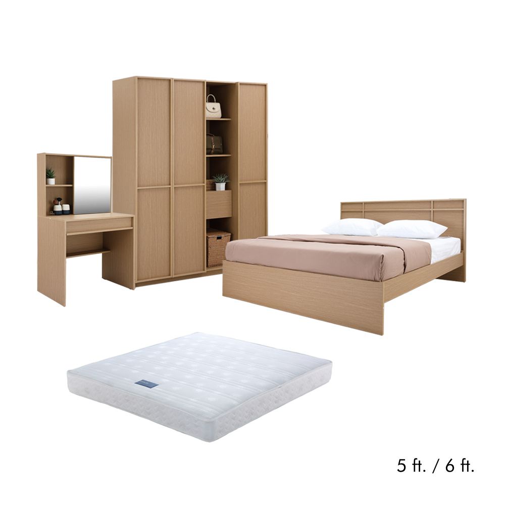 INDEX LIVING MALL ชุดห้องนอน รุ่นฟุกุโอกะ (เตียง, ตู้เสื้อผ้าบานเปิด, โต๊ะเครื่องแป้ง, ที่นอน) - สีโตเกียว โอ๊ค
