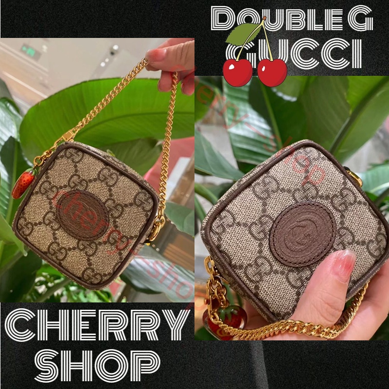 กุชชี่ แท้ GUCCI double G logo strawberry charm สุภาพสตรี/กระเป๋าทรงกล่อง/กระเป๋าใส่เหรียญ