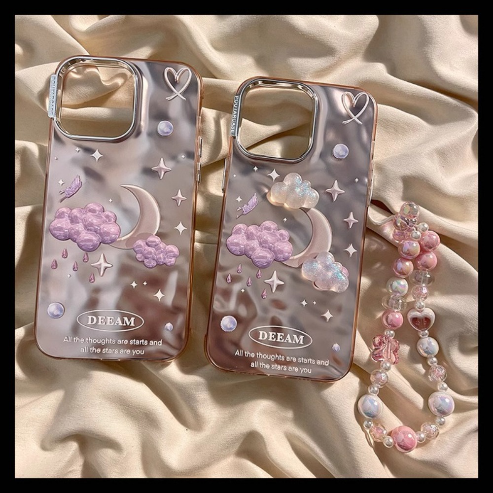 เคสโทรศัพท์มือถือแบบแข็ง หนา ลายก้อนเมฆ 3D สีชมพู พร้อมสายคล้องข้อมือ สําหรับ IPhone 14 Pro Max 11 15 14 13 12 11 Pro Max