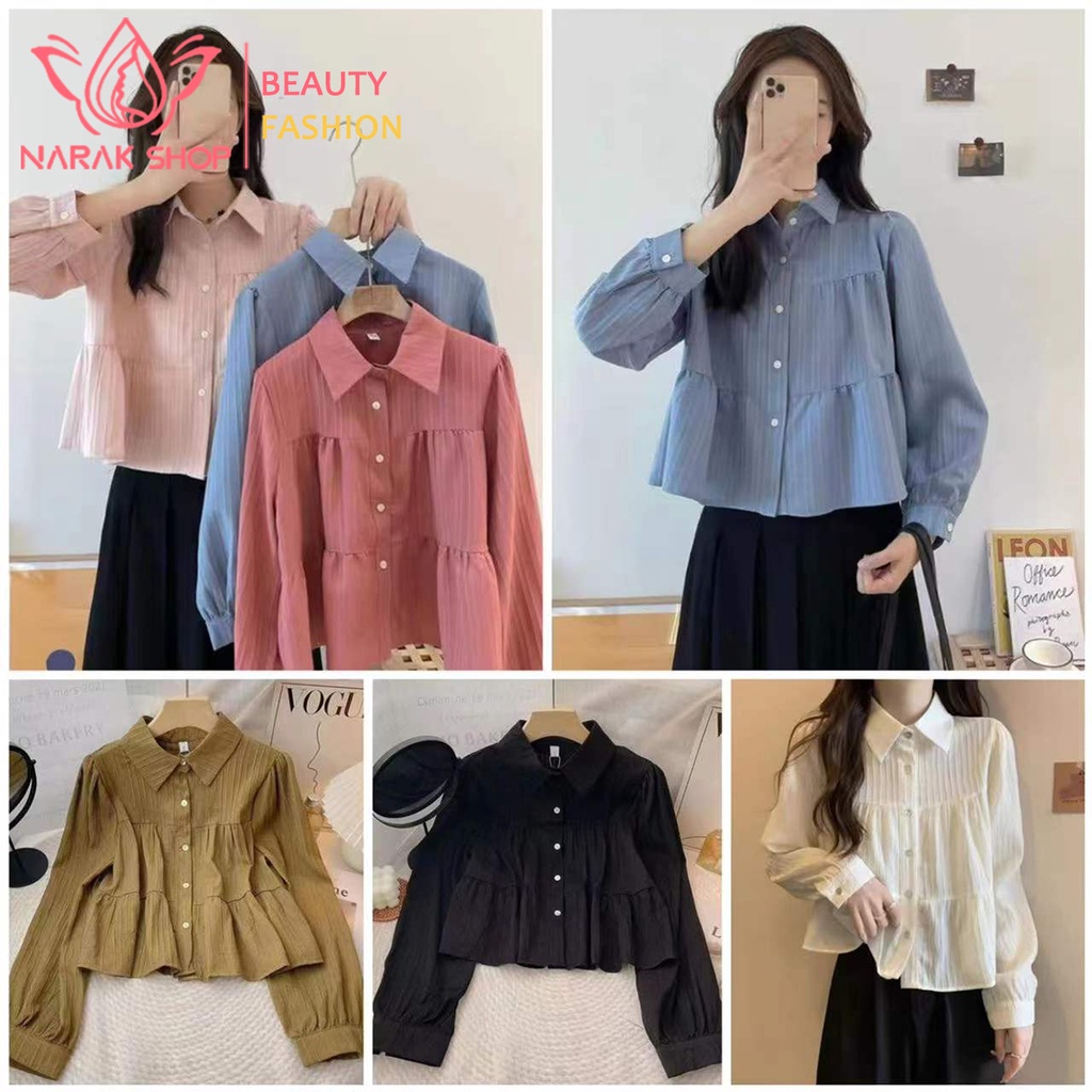 เสื้อเชิ้ตแขนยาว เเต่งริ้ว กระดุมหน้า สไตล์เกาหลี