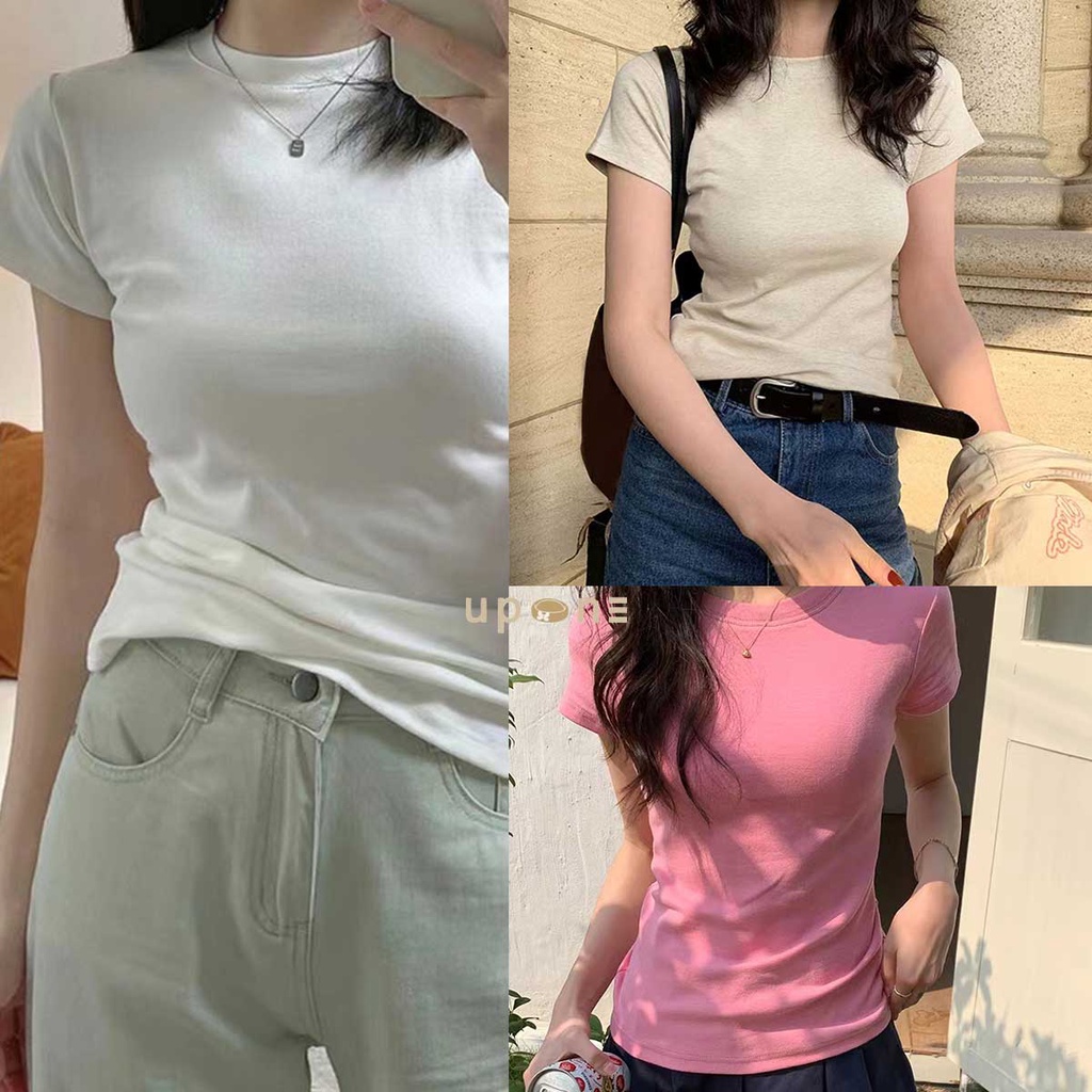 เสื้อยืดแขนสั้น ทรงสลิมฟิต สีพื้น น่ารักมาก เสื้อยืดผ้าฝ้ายแท้