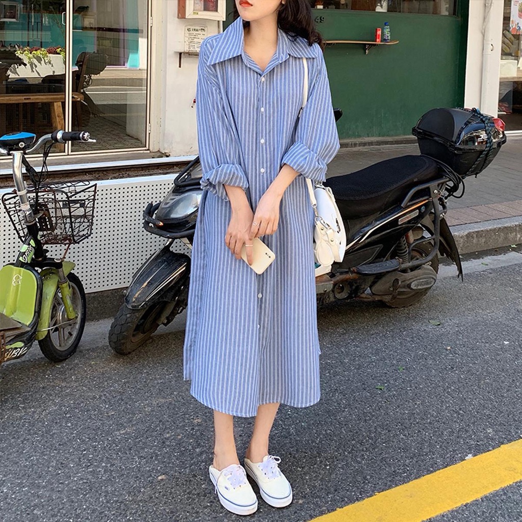 Lune_Graceเดสยาวคอปก ลายทางกระตุมหน้า ใส่เป็นเสื้อคลุมยาวก็ได้ มีเชือกผูกเอว ทรงสวยผ้าดี รุ่นW307