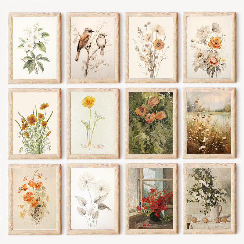 Vintage Floral Plant Prints โปสเตอร์ผ้าใบภาพวาดสแกนดิเนเวียนดอกไม้ Modern Nordic Home Decor