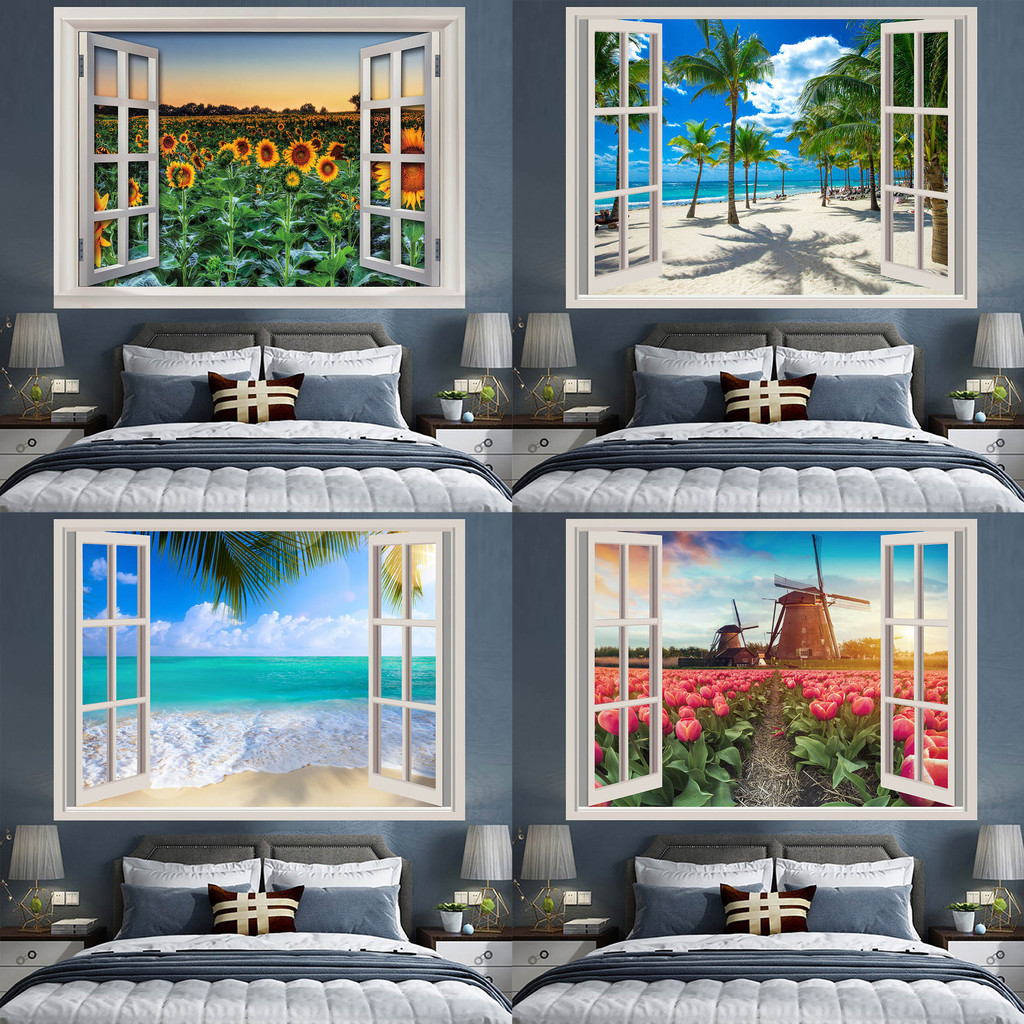 ผ้าพื้นหลังหน้าต่างวิวทะเล ผ้าแขวน Ins ผ้าห้องนอน ดอกไม้ข้างเตียง ภาพวาดทิวทัศน์ทะเล ผ้าตกแต่งผนัง ตกแต่งห้อง ฉากกลางคืน
