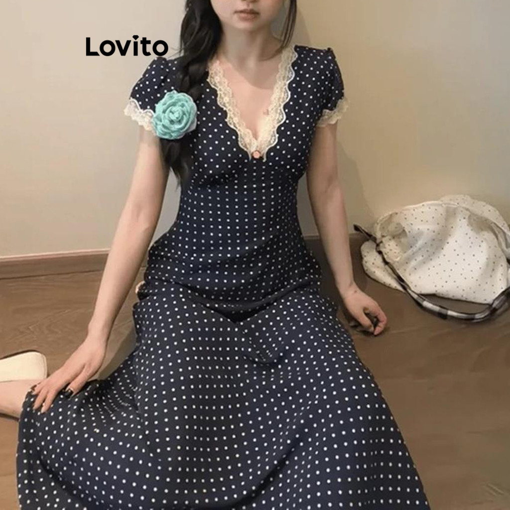 Lovito เดรสผู้หญิง ผ้าเย็บต่อ ลูกไม้ สีพื้น สไตล์หรูหรา LNA69139