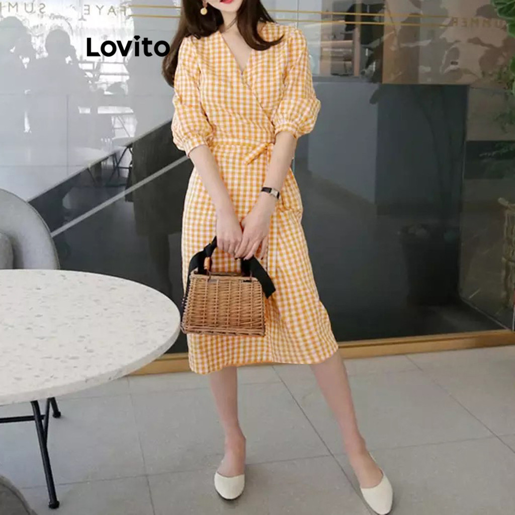 Lovito ชุดเดรสผู้หญิง ผูกหน้า ลายสก๊อต สไตล์ลำลอง LNA36101 (สีเหลือง)