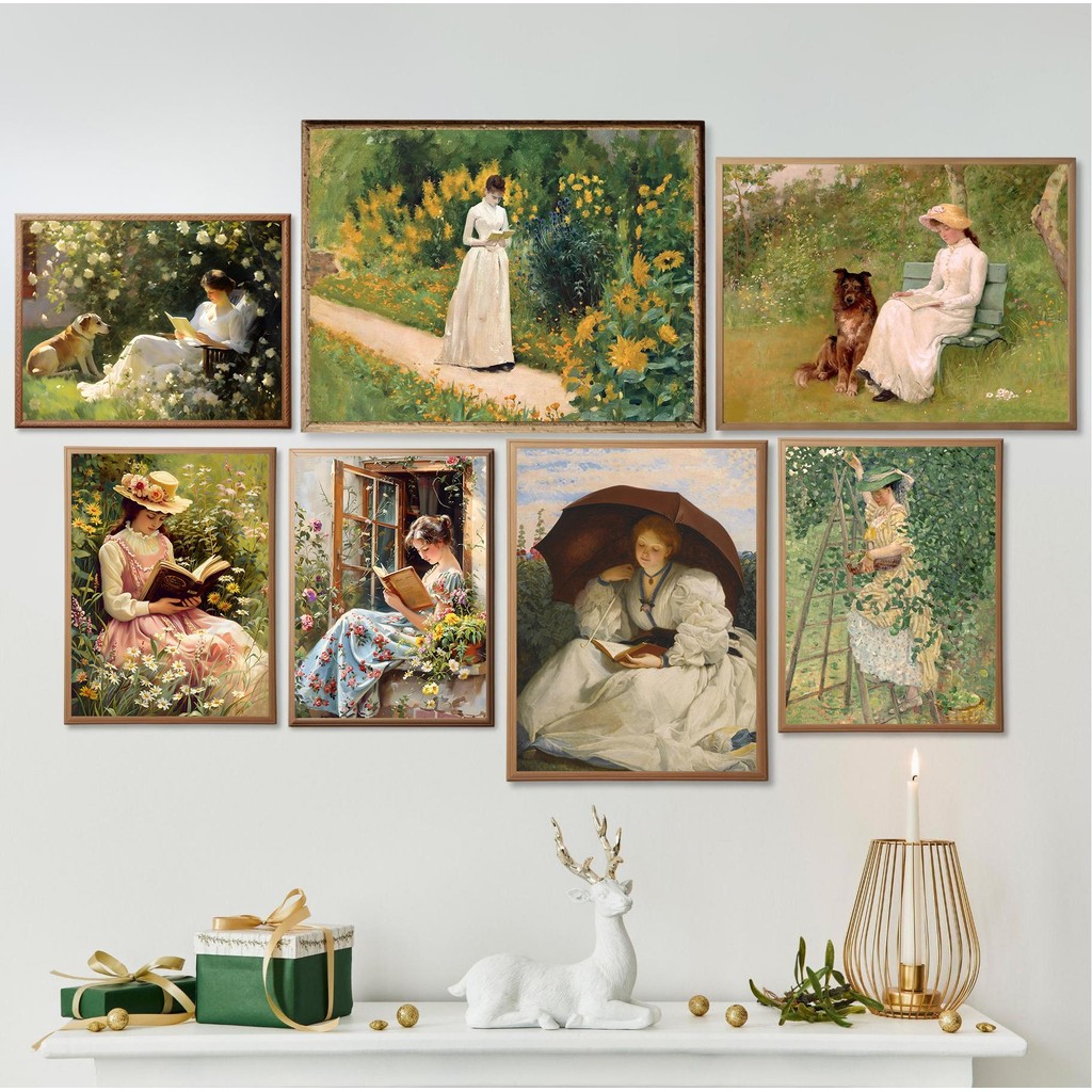 Vintage Woman Reading Portrait Art French Garden ภูมิทัศน์โปสเตอร์พิมพ์ผ้าใบภาพจิตรกรรม