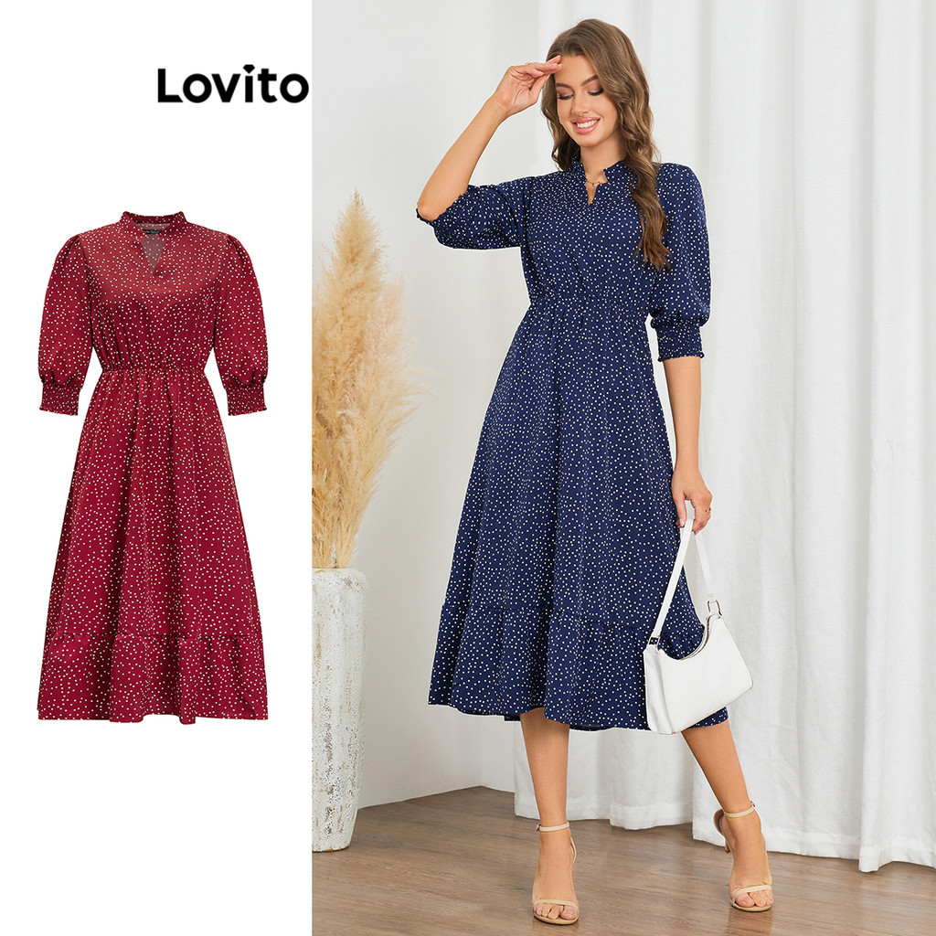Lovito ชุดเดรสผู้หญิง แขนพอง แต่งจีบ แต่งสม็อค ลายโพลกาดอท สไตล์ลำลอง LBL20246(หลากสี)