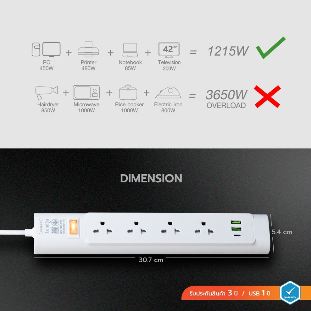 LUMIRA LS-704/2U ปลั๊กไฟ 4 เต้ารับ 2USB 1USB-C สวิตช์รวม สายยาว 3M รับประกัน 3 ปี ราคา ถูกที่สุด ดีลบีเคเค แกลเลอรีภาพที่ 6