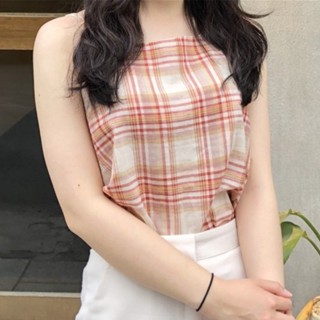 [LTA เสื้อผ้าผู้หญิงเกาหลี] เสื้อสายเดี่ยว ผ้าฝ้าย ลินิน ลายสก๊อต ขนาดเล็ก ฤดูร้อน สําหรับผู้หญิง 2024