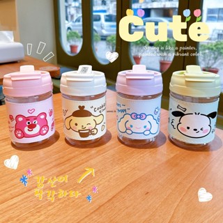 Crative การ์ตูน Sanrio ฟางถ้วยน้ำขวดอะคริลิคคุณภาพสูงน่ารัก Pochacco Cinnamoroll ถ้วยกาแฟซองหนังแก้วส่วนบุคคล mimay