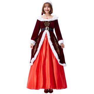 Kfcf ชุดคอสเพลย์ ชุดกระโปรงยาว พิมพ์ลาย Merry Burgundy Queen of Christmas Noble สําหรับปาร์ตี้ฮาโลวีน