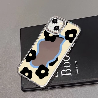 Case เคส for iPhone 11 13 15 16 14 12 17 Pro Max เคสไอโฟน11 16Pro ขอบดอกไม้สีขาวดำนม กรณีโทรศัพท์มือถือชุบกระจก