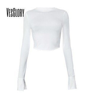 Vesglory เสื้อครอปท็อปแขนยาว คอกลม ทรงสลิมฟิต สีพื้น แฟชั่นสําหรับผู้หญิง 2023