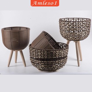 [Amleso1] ขาตั้งกระถางต้นไม้หวายสาน PP พร้อมขาไม้ สําหรับบ้าน ออฟฟิศ 3 ชิ้น