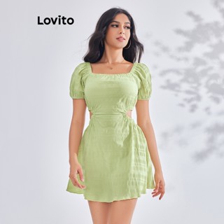 Lovito ชุดเดรสแขนพัฟ ลําลอง แบบเรียบ สําหรับผู้หญิง LBE03138 (สีเขียว)