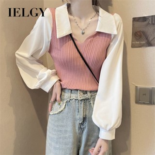 Ielgy เสื้อเชิ้ตแขนโคมไฟ คอปก สีแอปริคอท สําหรับผู้หญิง