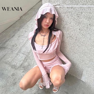 Weania ชุดเสื้อยืดแขนยาว มีฮู้ด คอสี่เหลี่ยม สีพื้น และกระโปรง สําหรับผู้หญิง (แยกขาย)