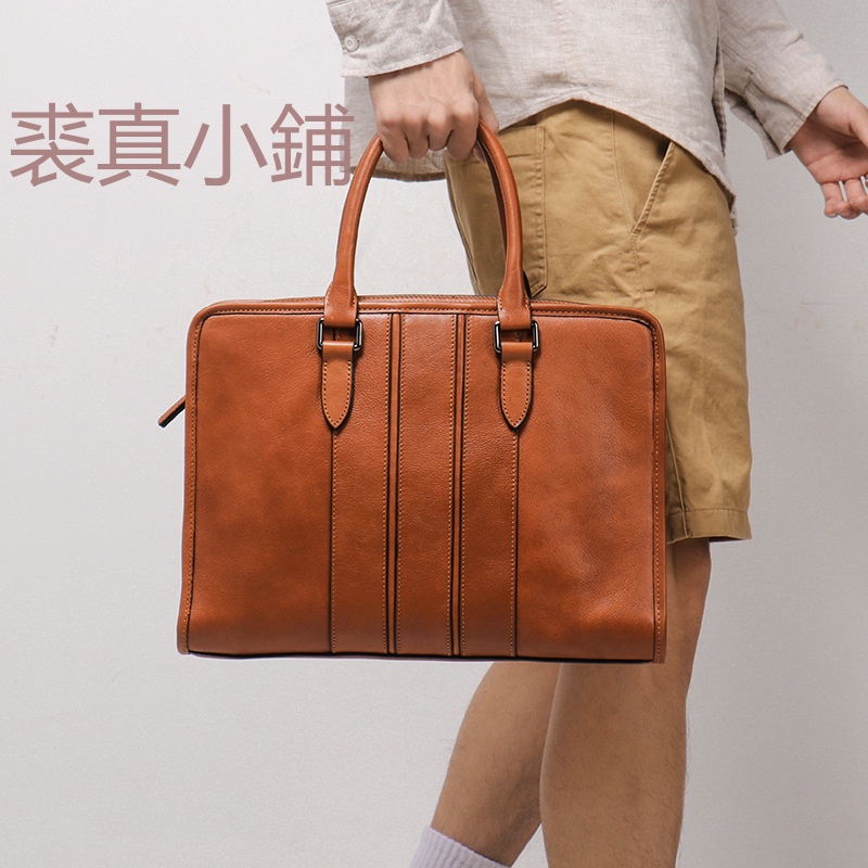 Qiuzhen Shop กระเป๋าเอกสารหนังแท้ของผู้ชายผักฟอกหนังวัวไหล่เดียว Messenger กระเป๋าธุรกิจความจุขนาดให