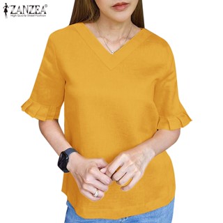 Zanzea เสื้อเบลาส์ คอวี แขนสั้น สีพื้น สไตล์วินเทจ สําหรับผู้หญิง