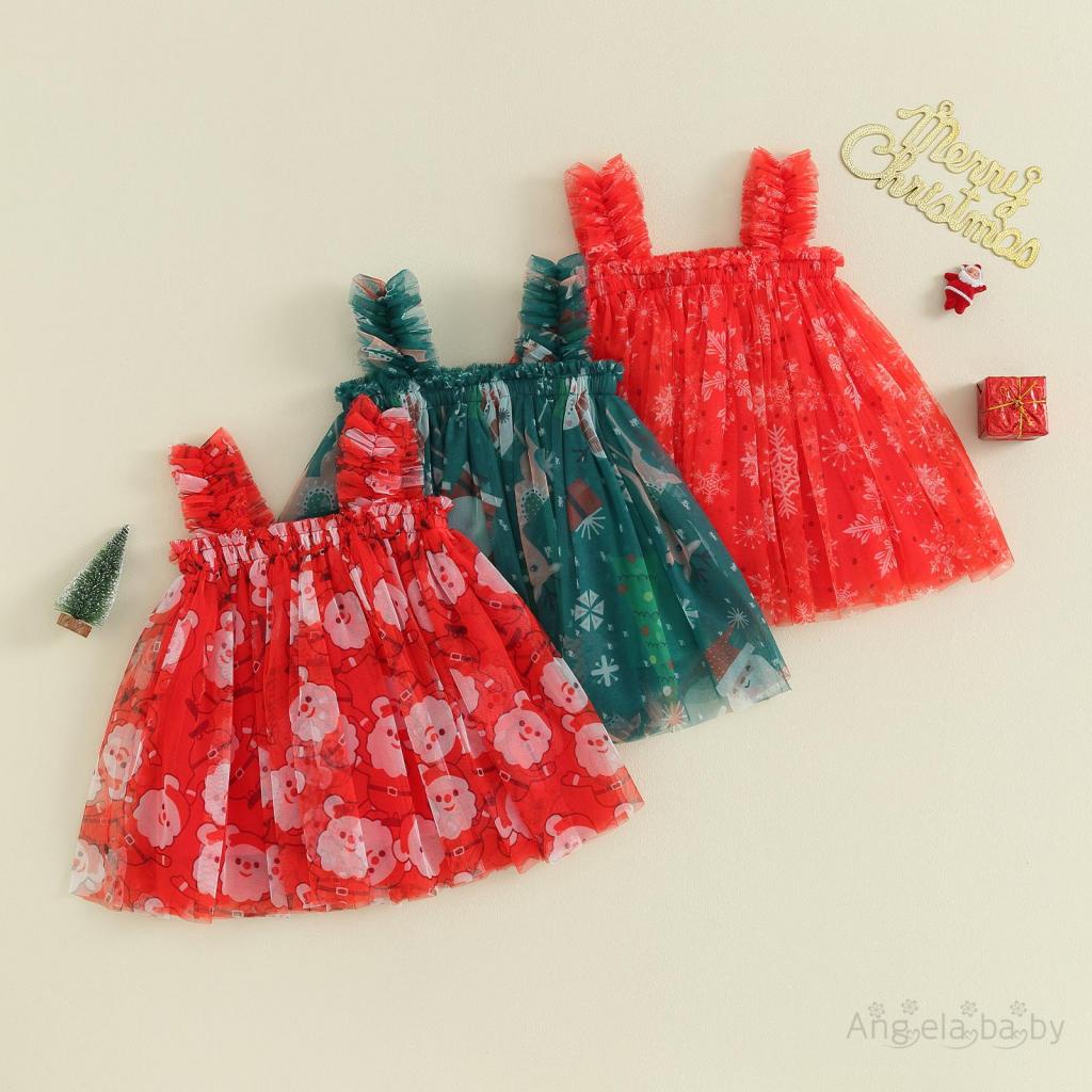 Hian-girls Christmas แขนกุด Santa Claus Snowman Snow พิมพ์ Slip Tulle Dress