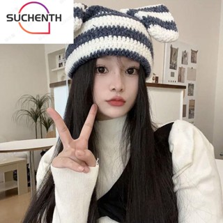 Suchenth หมวกบีนนี่ ผ้าวูลถัก ลายทาง ปีศาจน้อย สไตล์ญี่ปุ่น พังก์ โกธิค ฮาราจูกุ ให้ความอบอุ่น เหมาะกับฤดูใบไม้ร่วง ฤดูหนาว สําหรับผู้หญิง Y2K