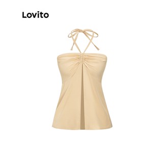 Lovito เสื้อกล้าม แบบผ่า รูดเชือก สีพื้น โบโฮ สำหรับผู้หญิง L56ED007 (สีแอปริคอท)