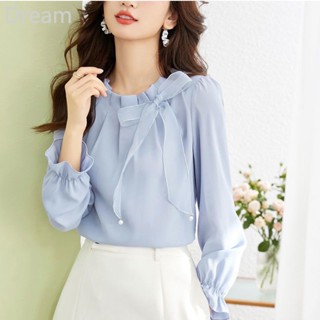 Long sleeve bow shirt round neck chiffon shirt womens top shirt Western style shirt base shirt